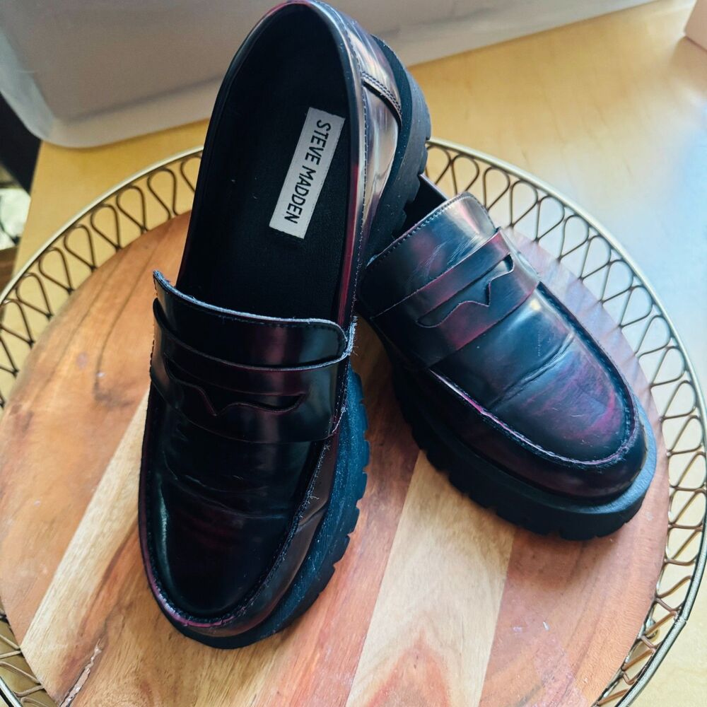 Steve Madden Lolo Shoes Women 7.5 Black/burg Patent Platform Lug Penny Loafers
